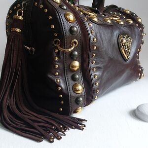 GUCCI BABOUSKA Large studded  leather Boston bag made in Italy retired 💛🖤🤎